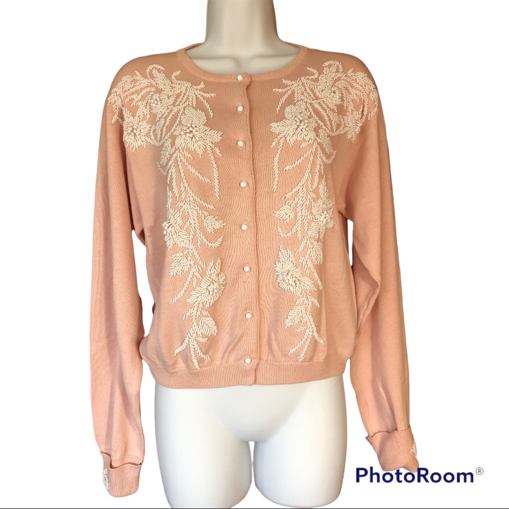 Vintage hand Beaded Sweater 50's Pink Cardigan Size M